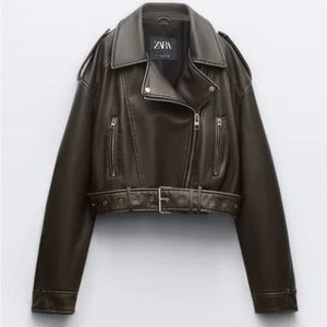 Zara Womens Faux Leather Crop Biker Jacket Viral Size Small Oversize